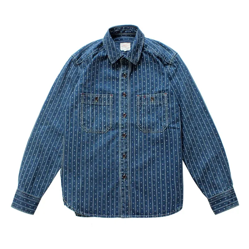 SauceZhan Chambray shirt men shirt Wabash Stripe shirt Work Shirt Selvedge Jeans Shirt Denim Vintage longsleeve shirt for men
