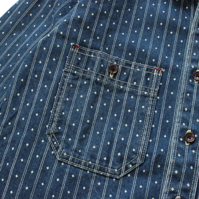 SauceZhan Chambray shirt men shirt Wabash Stripe shirt Work Shirt Selvedge Jeans Shirt Denim Vintage longsleeve shirt for men