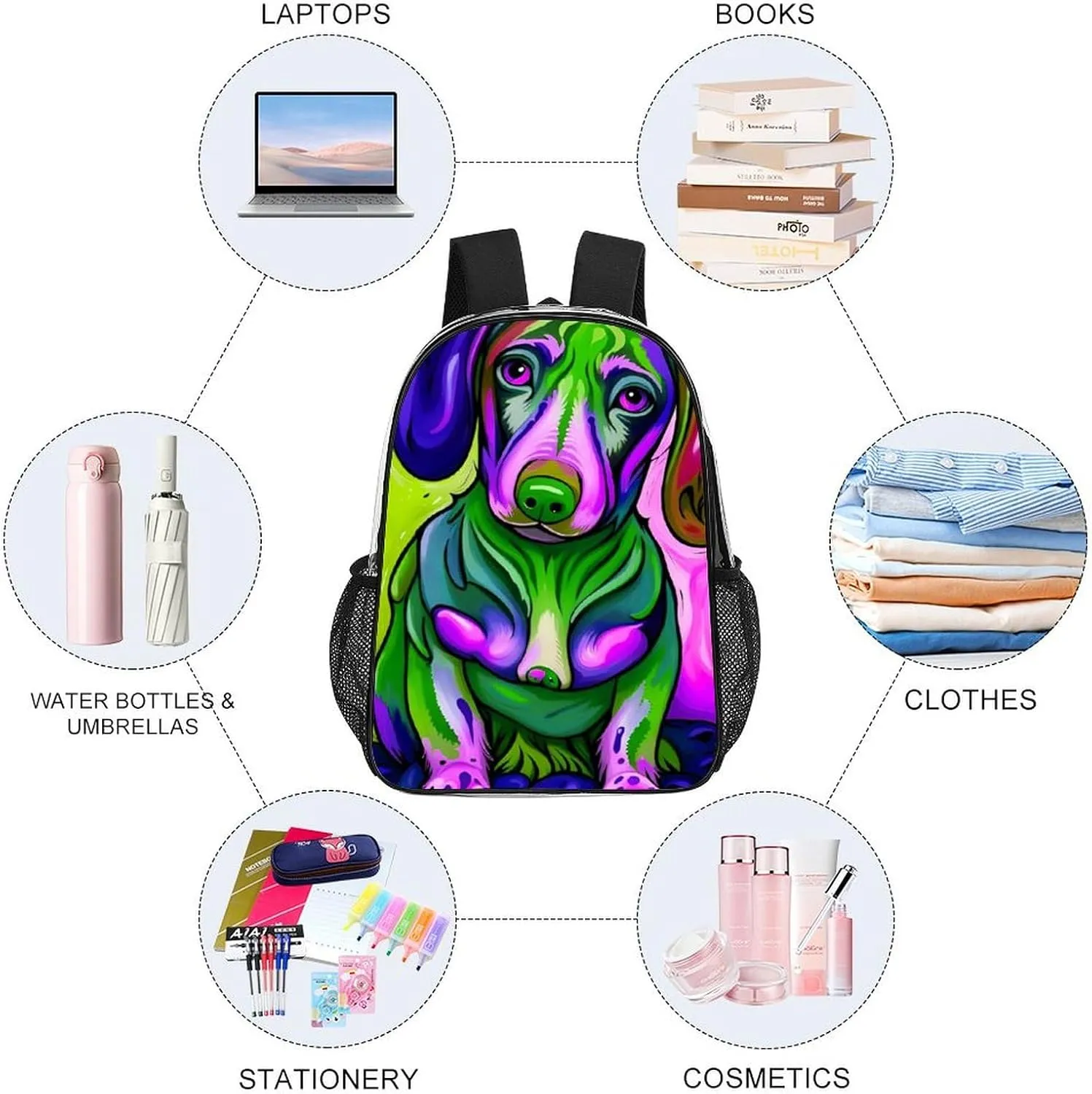Sausage Dog Dachshund Art Backpack Lightweight Anti-Theft Multipurpose Shoulder Bag Large Capacity Travel Hiking Backpack Transparent Bag
