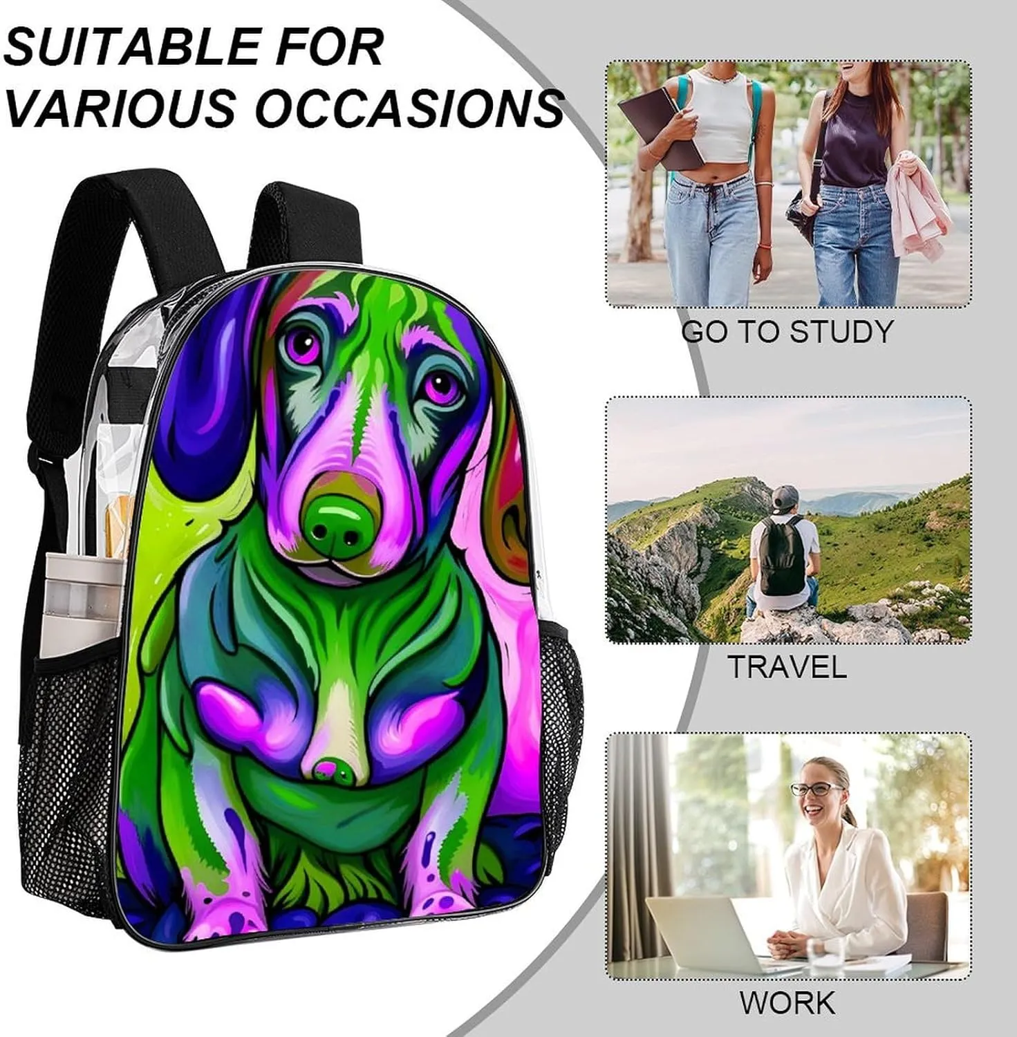 Sausage Dog Dachshund Art Backpack Lightweight Anti-Theft Multipurpose Shoulder Bag Large Capacity Travel Hiking Backpack Transparent Bag