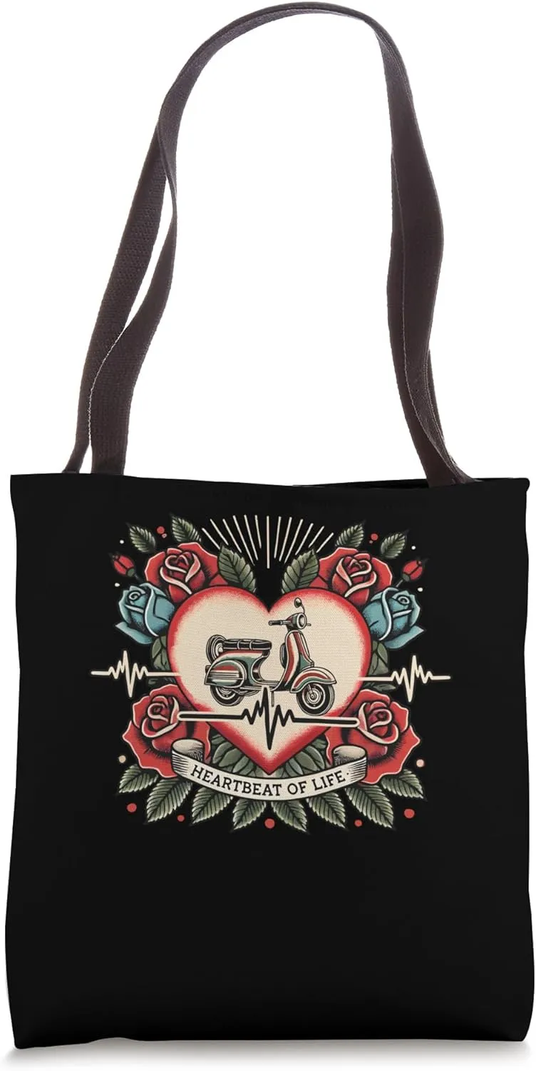 Scooter Heartbeat Tattoo Retro Roses Rider Tote Bag