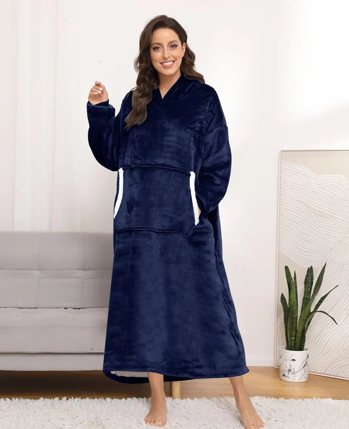 Sendowtek Wearable Blanket for Women Men Long Sherpa Hoodie with Giant Pocket Cosy Onesize Hoodie Blanket Fit for Adult Teens (Navy Blue)