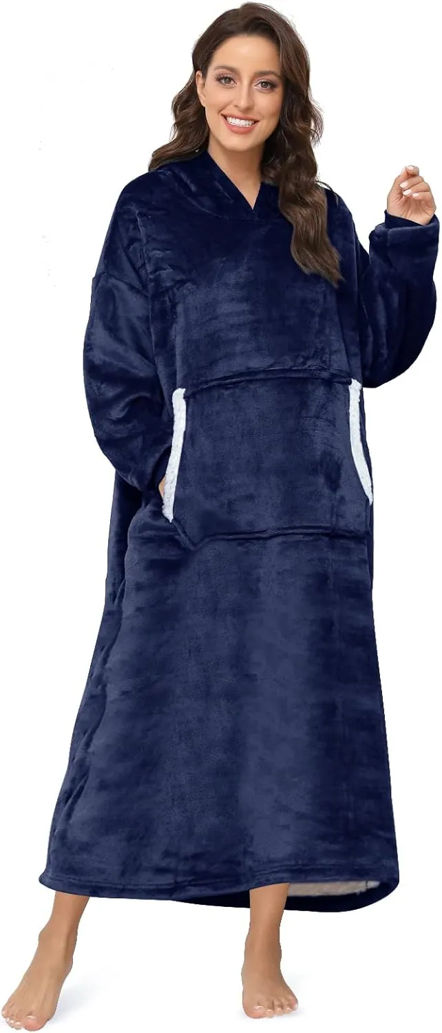 Sendowtek Wearable Blanket for Women Men Long Sherpa Hoodie with Giant Pocket Cosy Onesize Hoodie Blanket Fit for Adult Teens (Navy Blue)