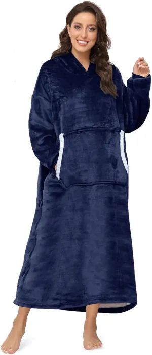 Sendowtek Wearable Blanket for Women Men Long Sherpa Hoodie with Giant Pocket Cosy Onesize Hoodie Blanket Fit for Adult Teens (Navy Blue)