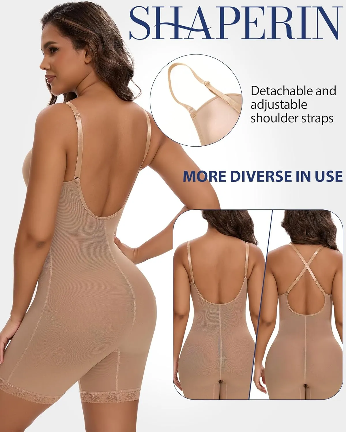 SHAPERIN Backless Shapewear Strapless Bodysuit Bra Fajas U Plunge Tummy Control Low Back Full Body Shaper Corset for Women