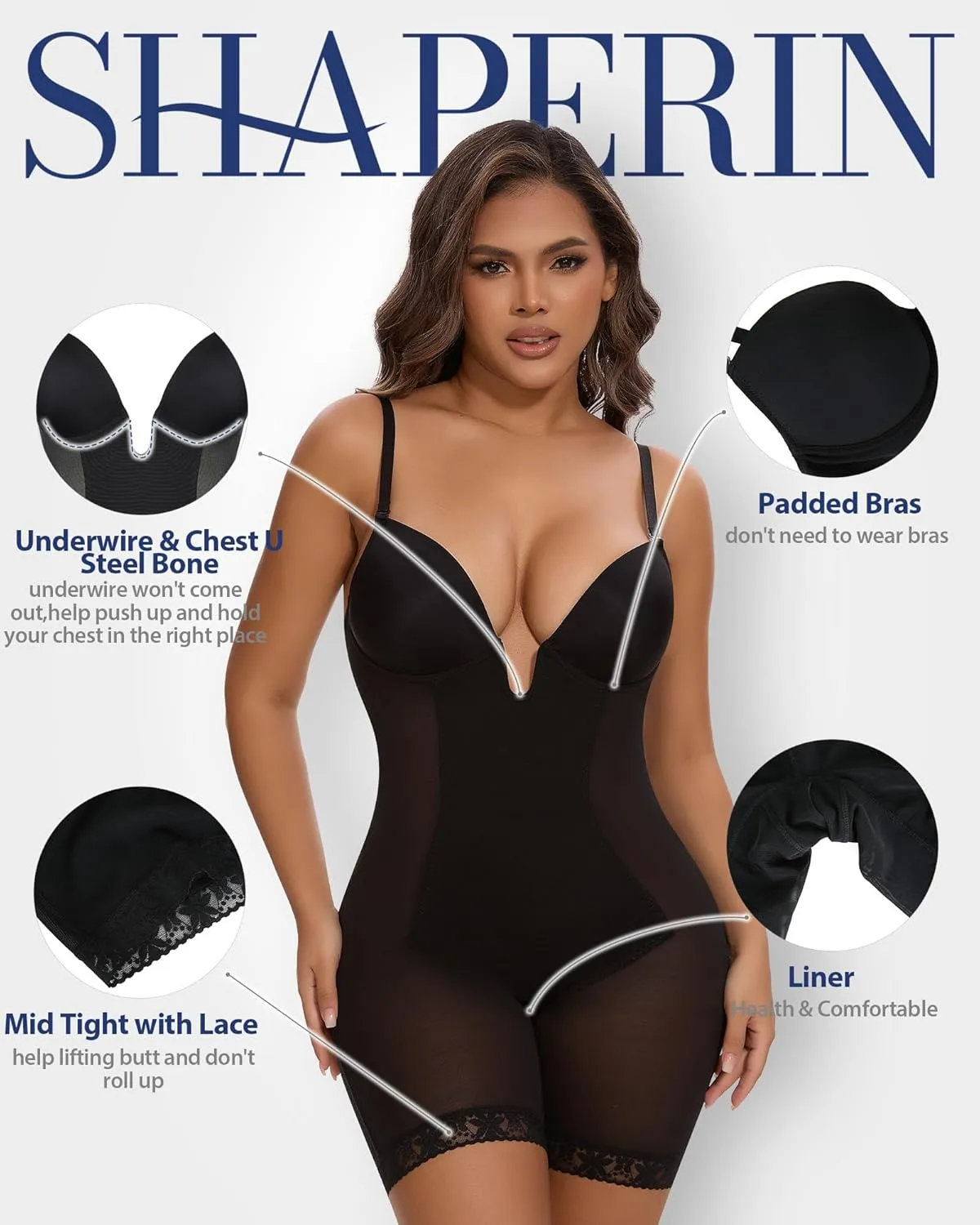 SHAPERIN Backless Shapewear Strapless Bodysuit Bra Fajas U Plunge Tummy Control Low Back Full Body Shaper Corset for Women