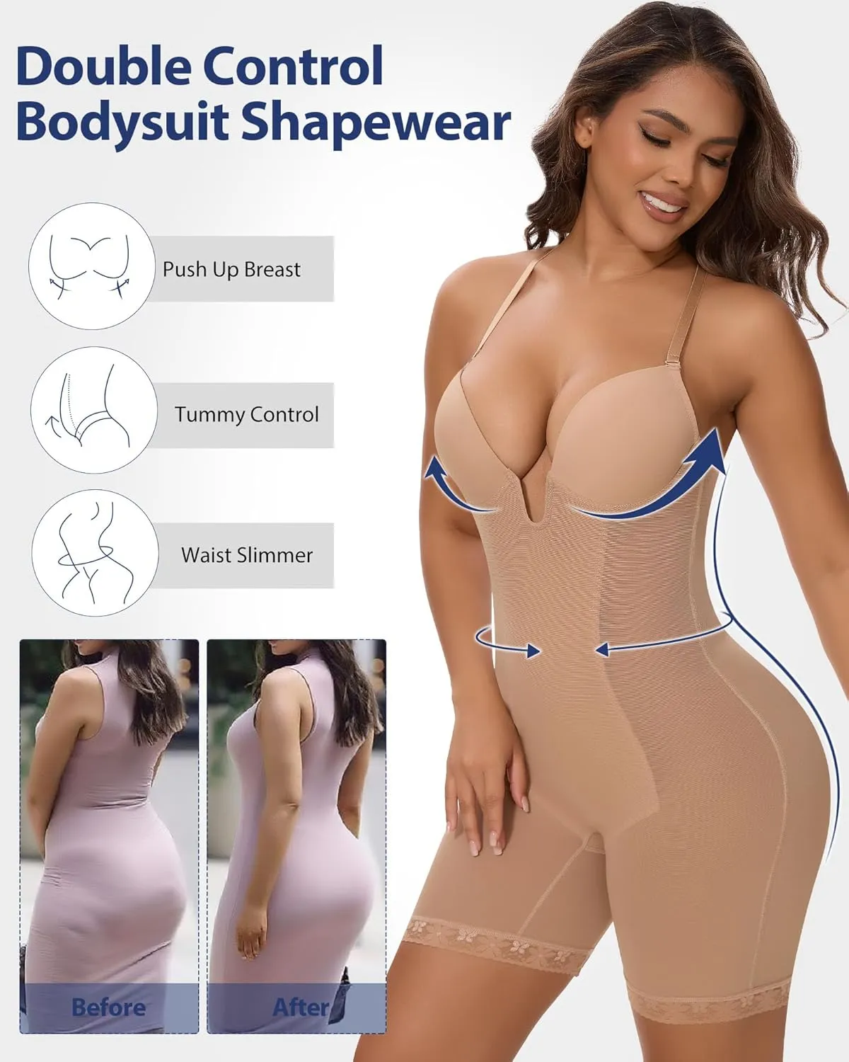 SHAPERIN Backless Shapewear Strapless Bodysuit Bra Fajas U Plunge Tummy Control Low Back Full Body Shaper Corset for Women