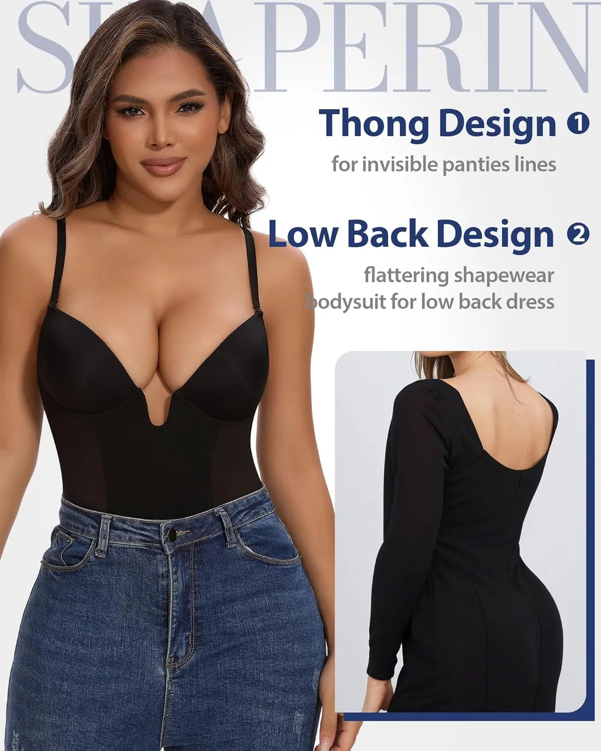 SHAPERIN Backless Shapewear Strapless Bodysuit Bra Fajas U Plunge Tummy Control Low Back Full Body Shaper Corset for Women