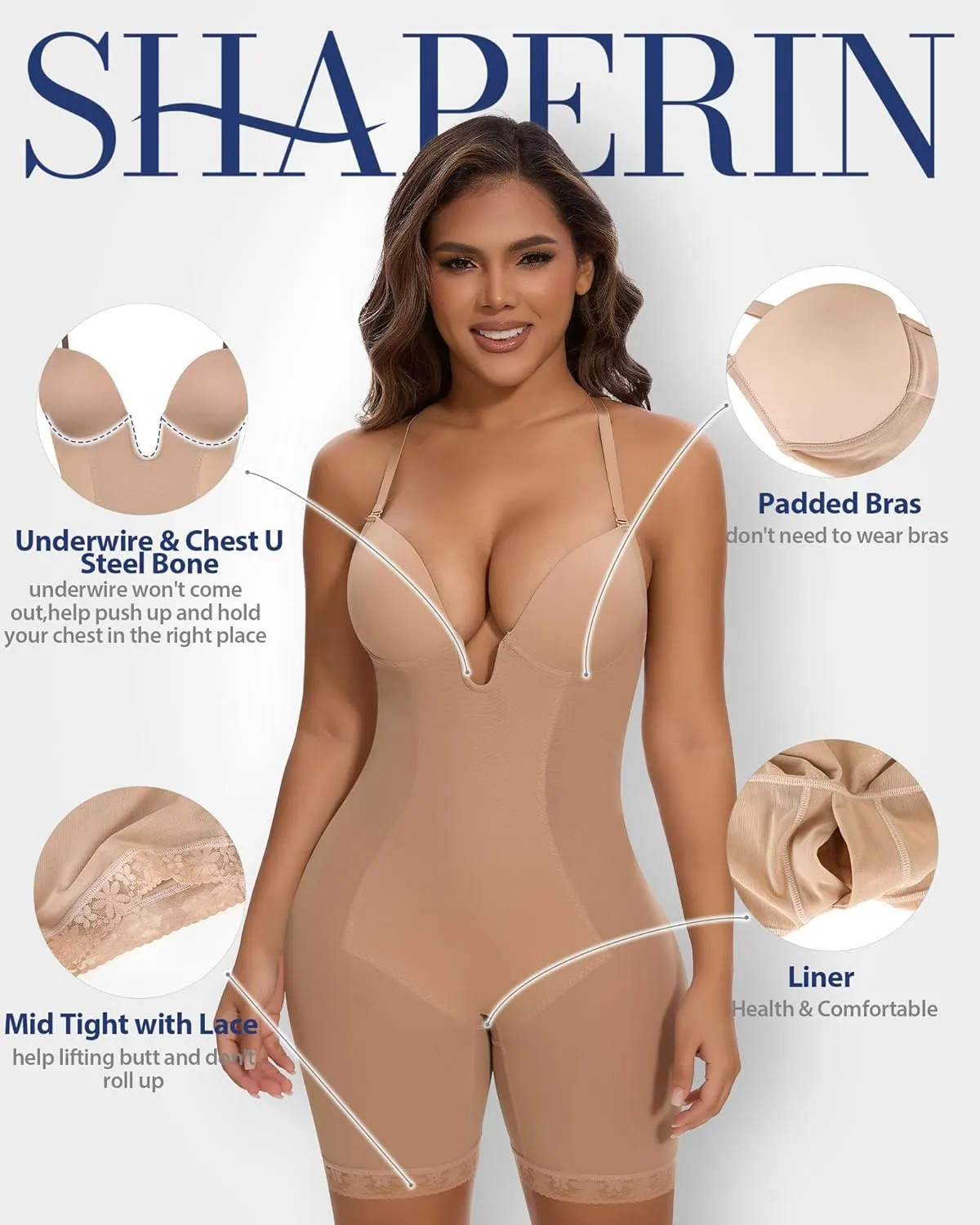 SHAPERIN Backless Shapewear Strapless Bodysuit Bra Fajas U Plunge Tummy Control Low Back Full Body Shaper Corset for Women