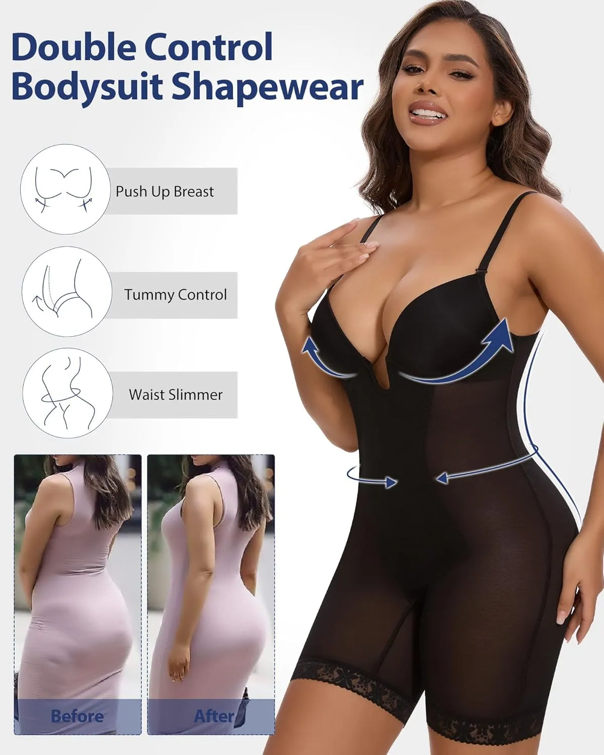 SHAPERIN Backless Shapewear Strapless Bodysuit Bra Fajas U Plunge Tummy Control Low Back Full Body Shaper Corset for Women