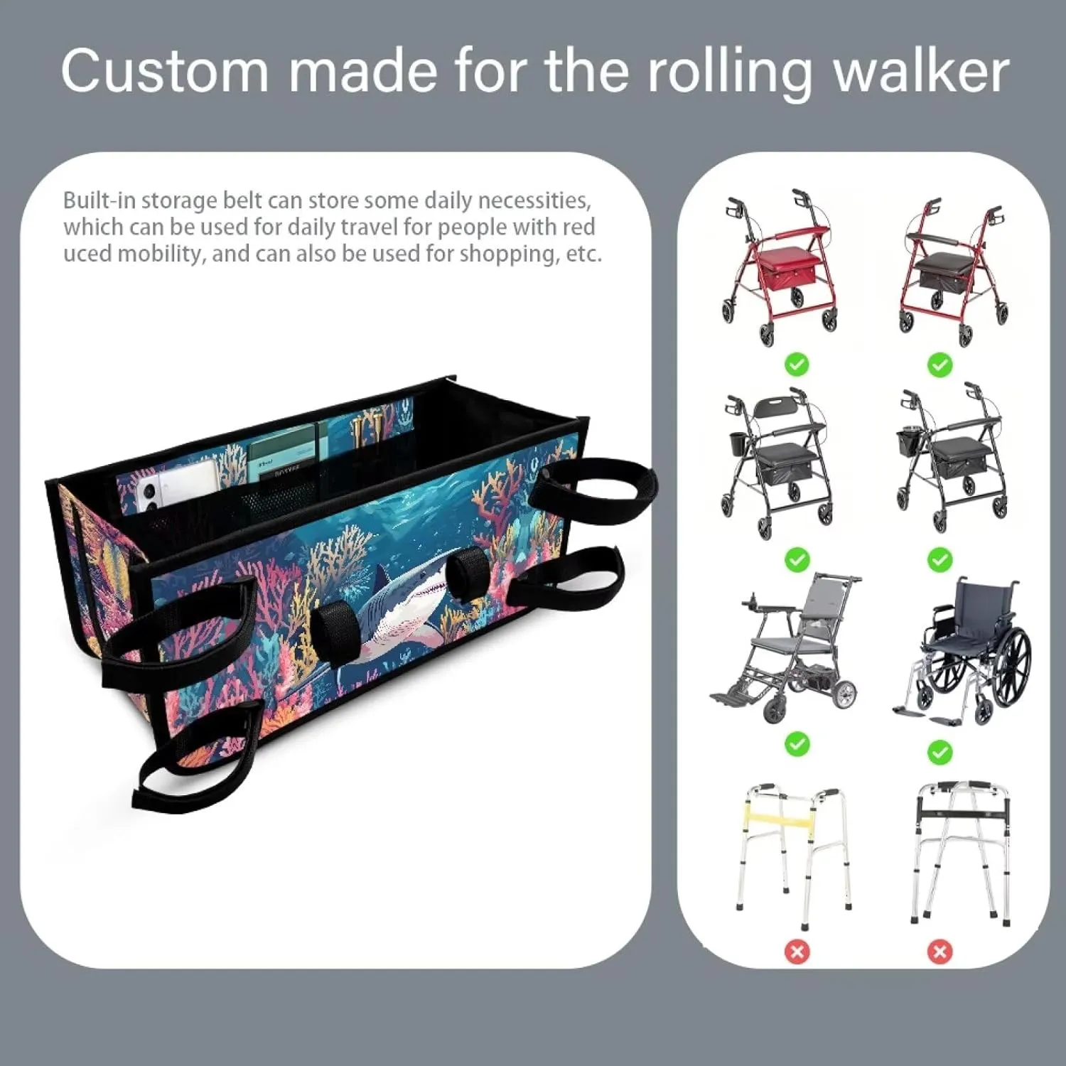 Shark Hand-Free Carry Storage Bags for Four Wheel Rollator Waterproof Walker Wheelchair Accessories Bag for Seniors with Pockets