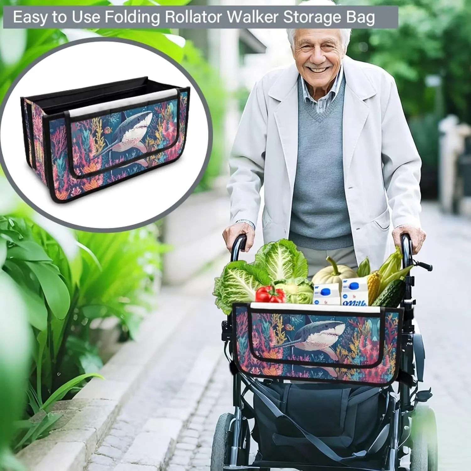 Shark Hand-Free Carry Storage Bags for Four Wheel Rollator Waterproof Walker Wheelchair Accessories Bag for Seniors with Pockets