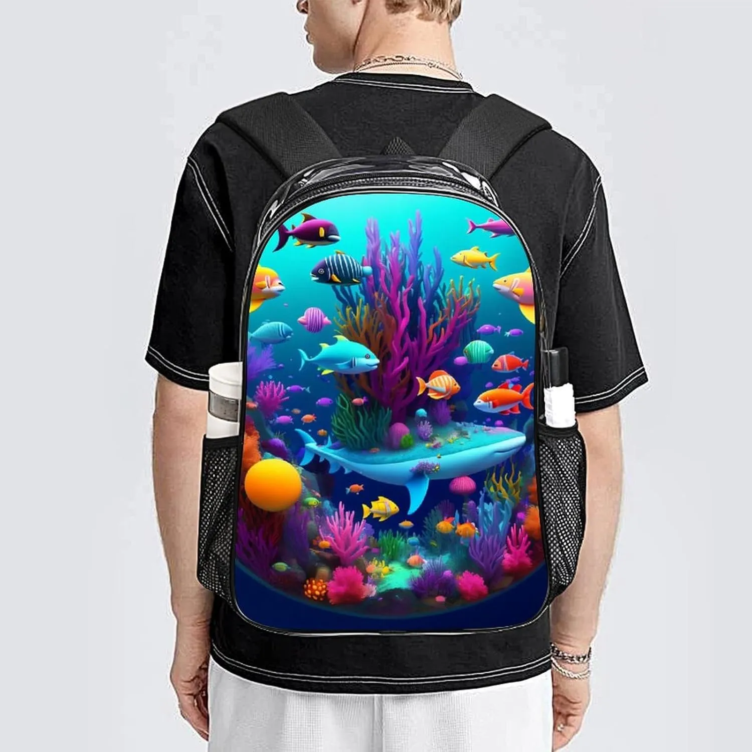 Shoulder Book Bags Anti-Theft Multipurpose Big Capacity Bookbag - Beautiful Underwater World Shark Jellyfish Art Travel Hiking Backpack Transparent Bag