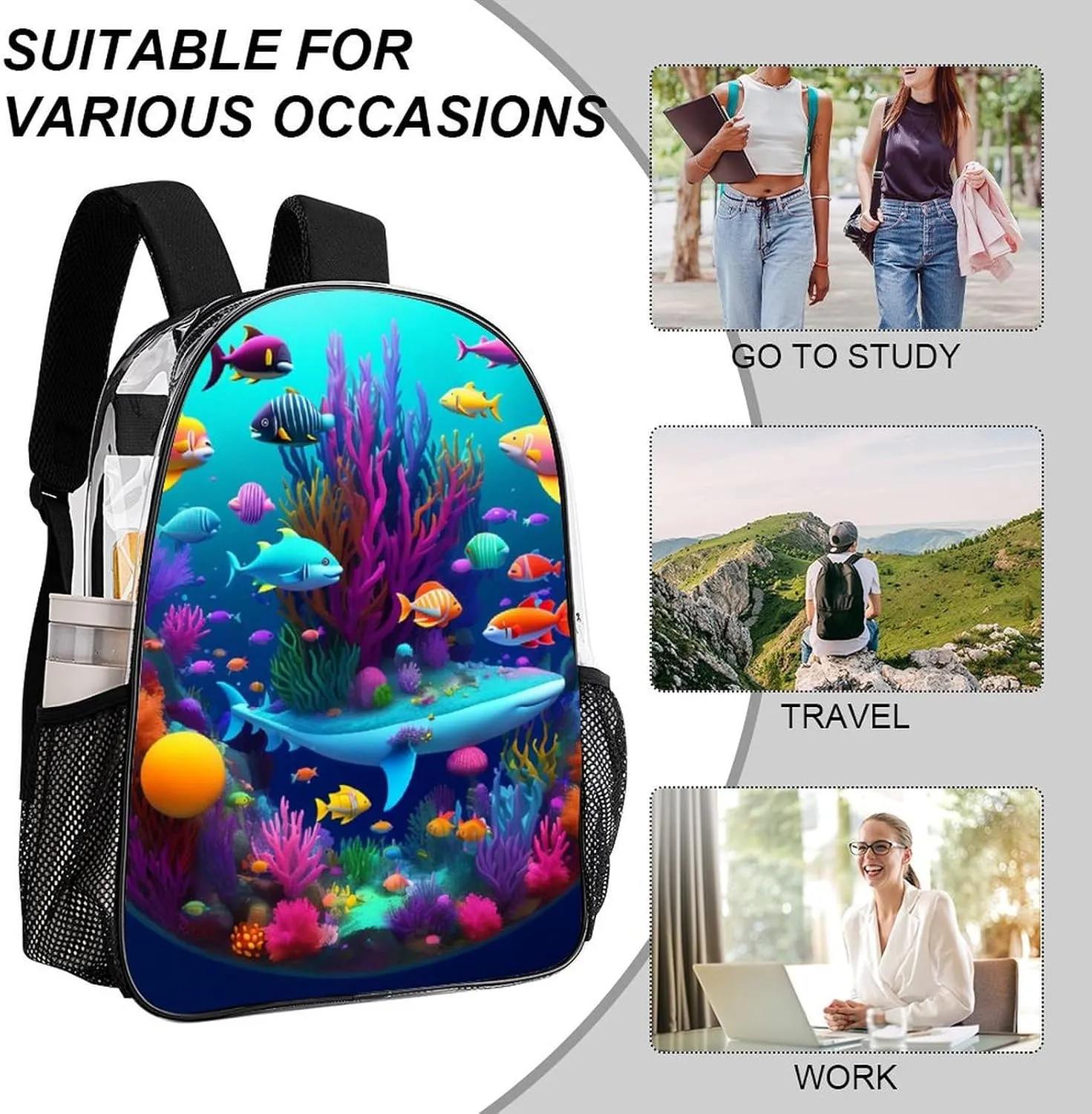 Shoulder Book Bags Anti-Theft Multipurpose Big Capacity Bookbag - Beautiful Underwater World Shark Jellyfish Art Travel Hiking Backpack Transparent Bag