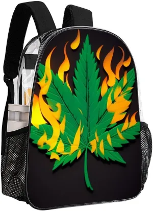 Shoulder Book Bags Anti-Theft Multipurpose Big Capacity Bookbag - Burning Fire Marijuanaweed Leaf Art Travel Hiking Backpack Transparent Bag