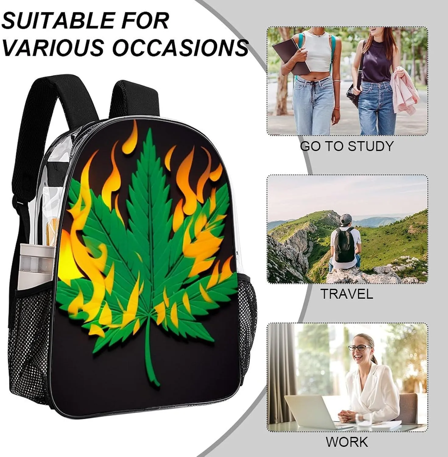 Shoulder Book Bags Anti-Theft Multipurpose Big Capacity Bookbag - Burning Fire Marijuanaweed Leaf Art Travel Hiking Backpack Transparent Bag