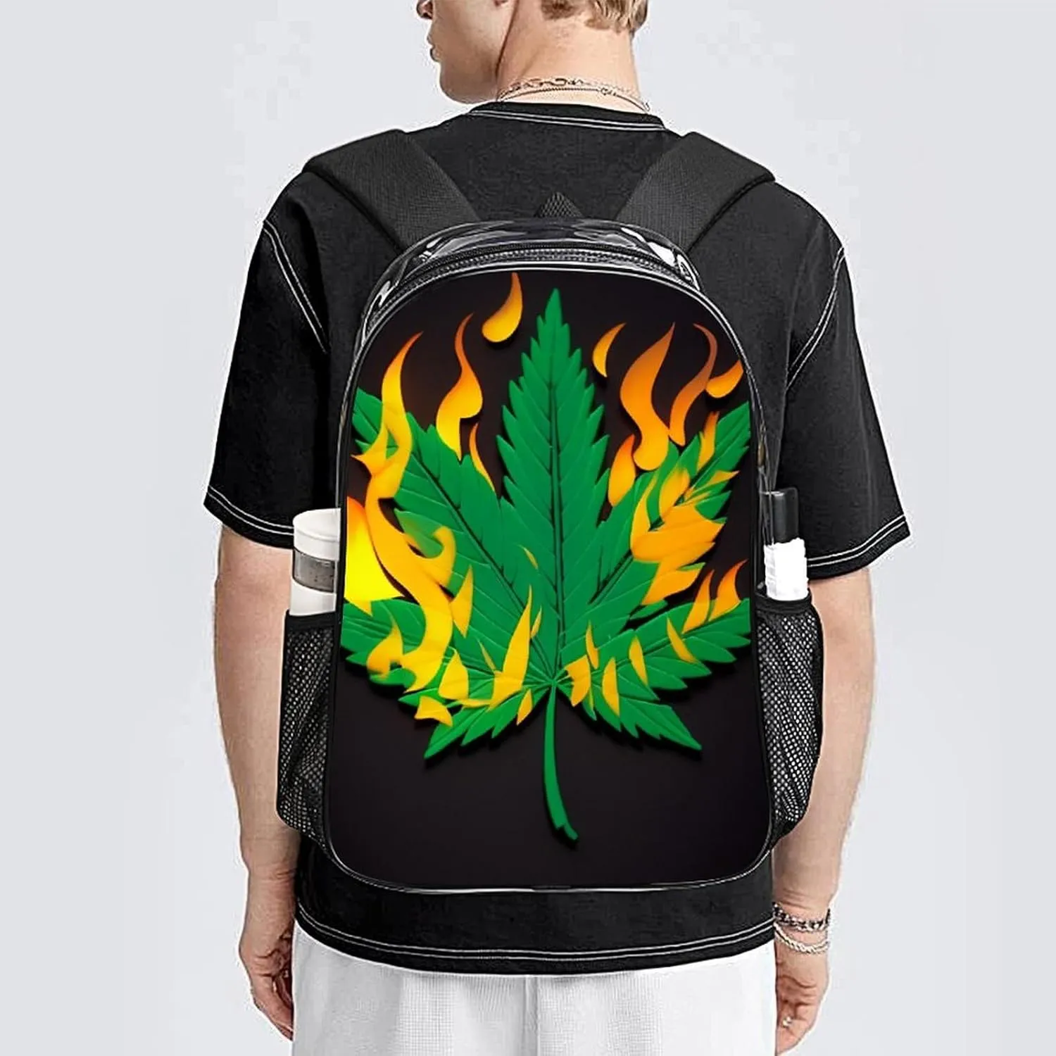 Shoulder Book Bags Anti-Theft Multipurpose Big Capacity Bookbag - Burning Fire Marijuanaweed Leaf Art Travel Hiking Backpack Transparent Bag