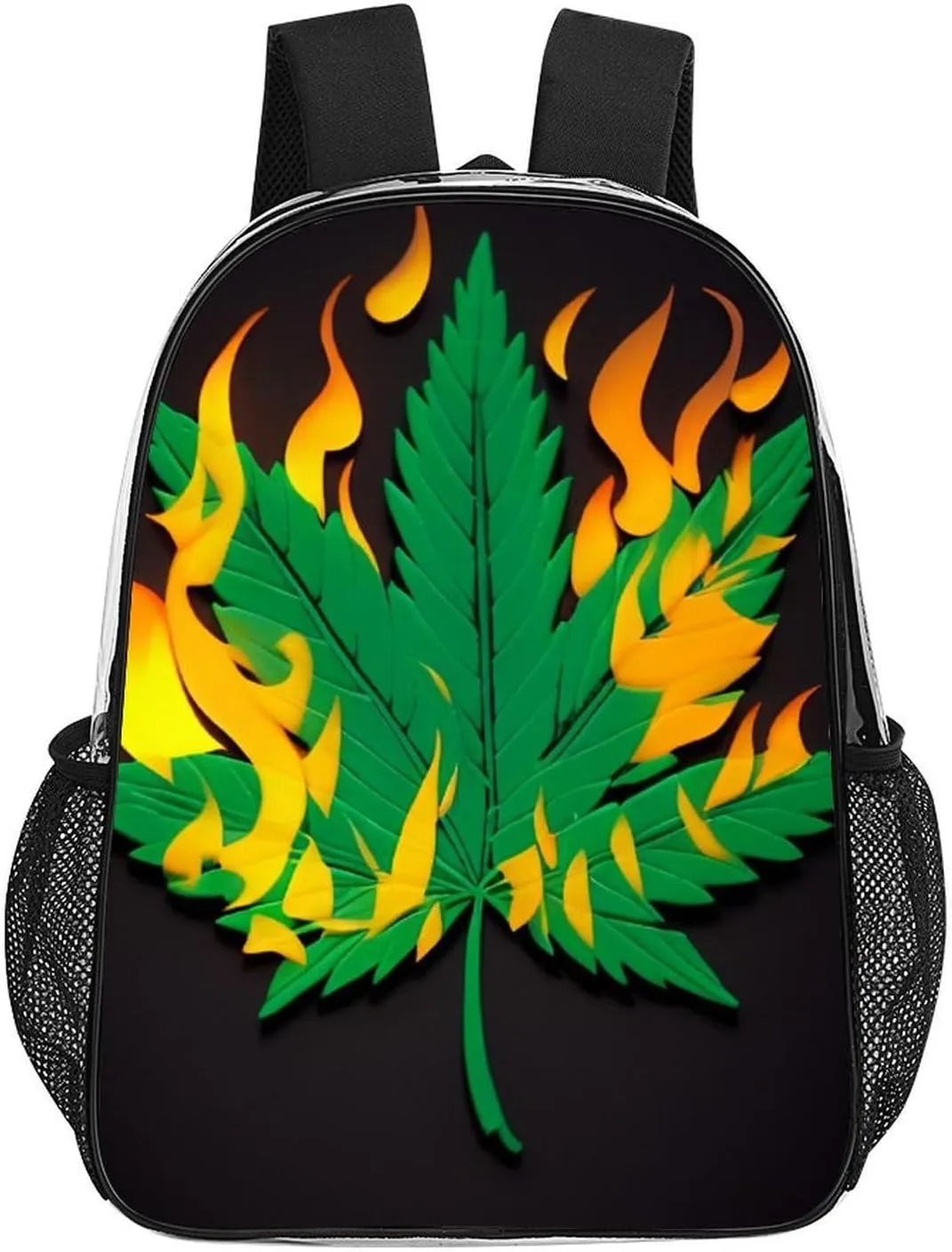 Shoulder Book Bags Anti-Theft Multipurpose Big Capacity Bookbag - Burning Fire Marijuanaweed Leaf Art Travel Hiking Backpack Transparent Bag