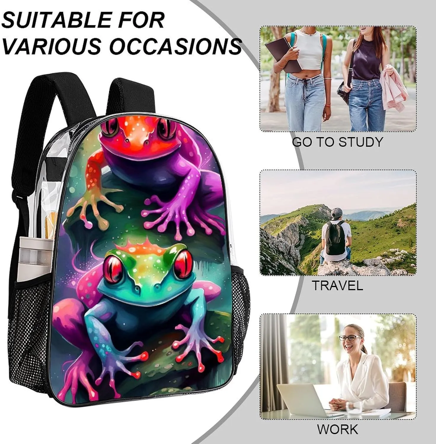 Shoulder Book Bags Anti-Theft Multipurpose Big Capacity Bookbag - Watercolor Frogs Art Travel Hiking Backpack Transparent Bag