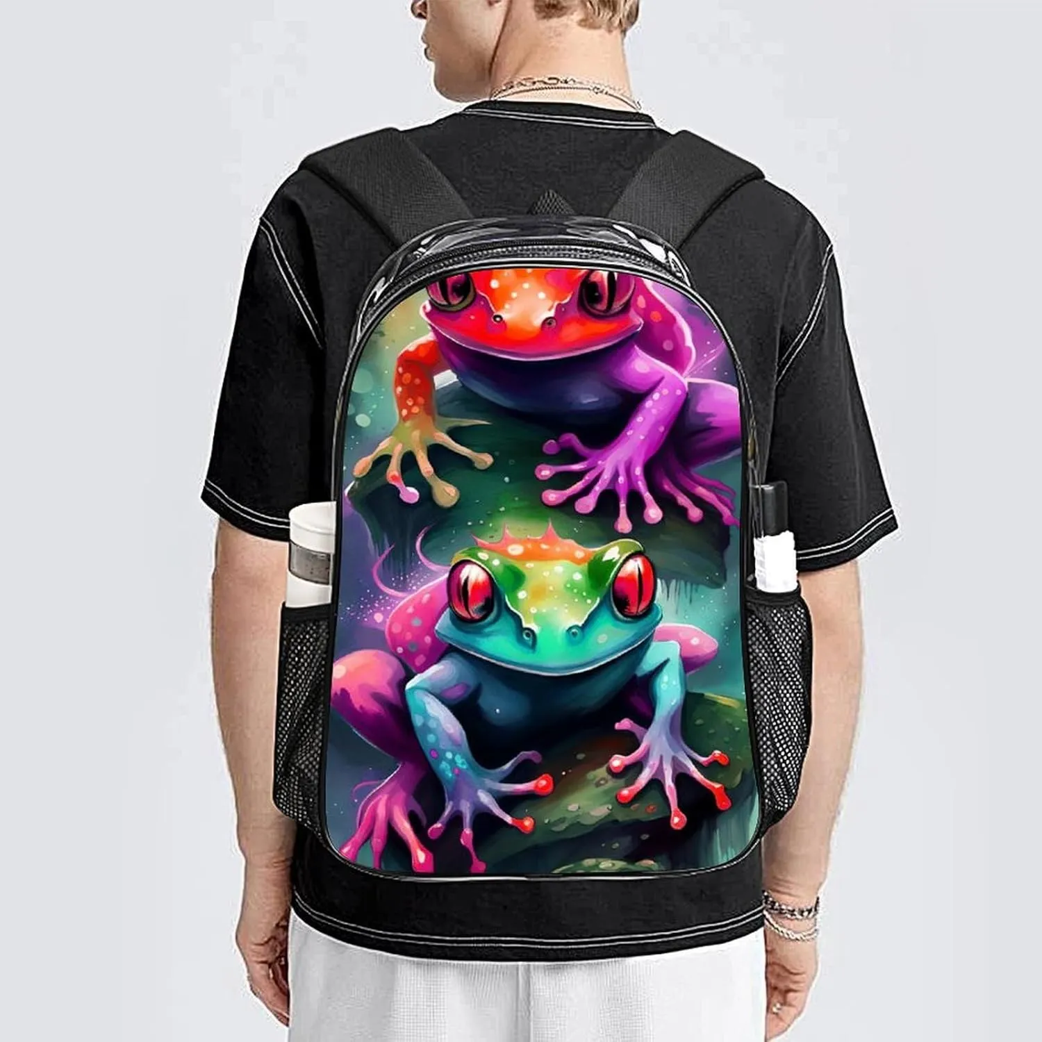 Shoulder Book Bags Anti-Theft Multipurpose Big Capacity Bookbag - Watercolor Frogs Art Travel Hiking Backpack Transparent Bag