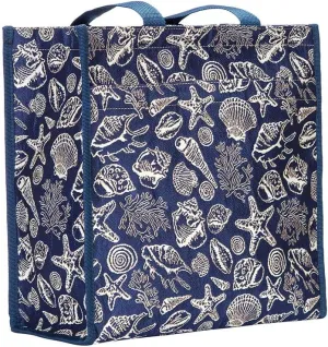 Signare Tapestry Shoulder Bag Shopping Bag for Women with Navy Blue Sea Shell Design (SHOP-SHELL)
