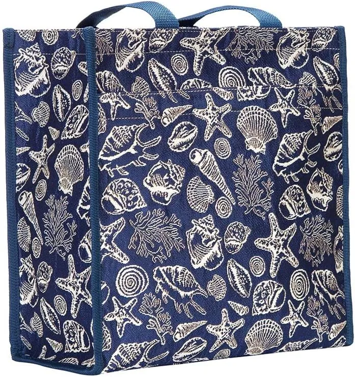 Signare Tapestry Shoulder Bag Shopping Bag for Women with Navy Blue Sea Shell Design (SHOP-SHELL)
