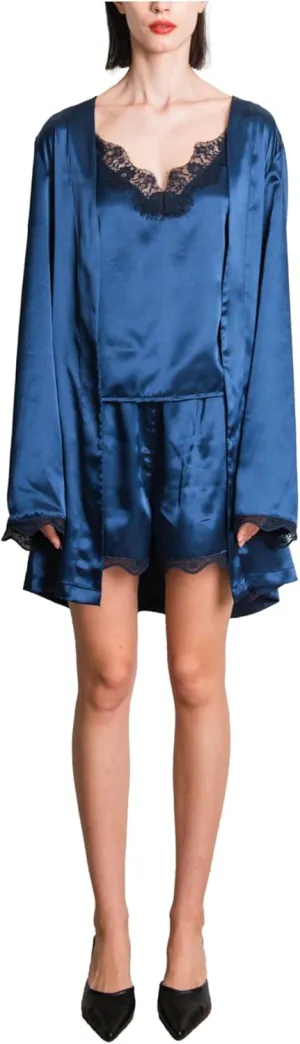 Silk Lace Two piece & Robe Set for Women, Pajama set, Navy, Medium size