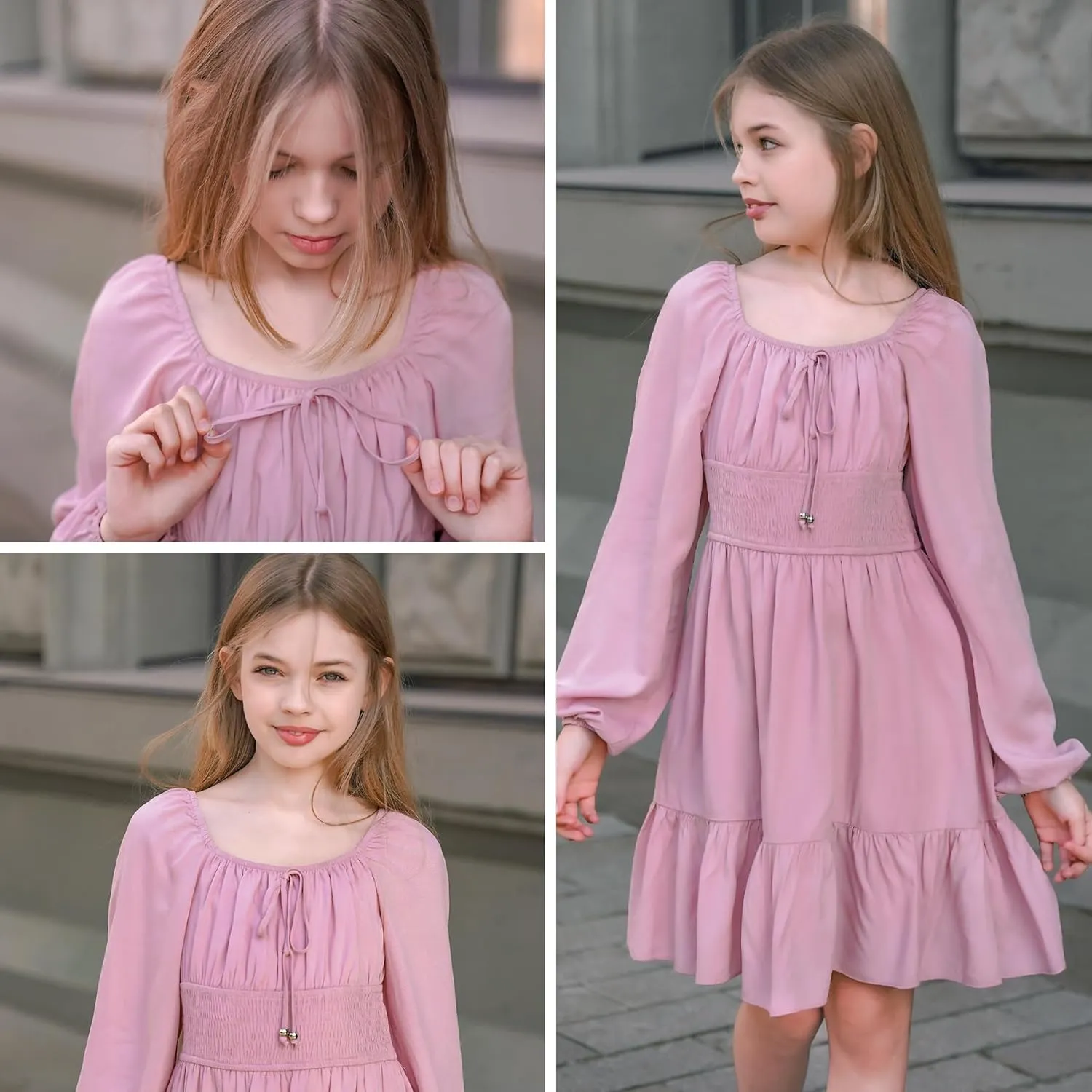 Simplee kids Girls Ruffle Tiered Smocked Puff Long Sleeve Dress Pink Size 4 to Size 15