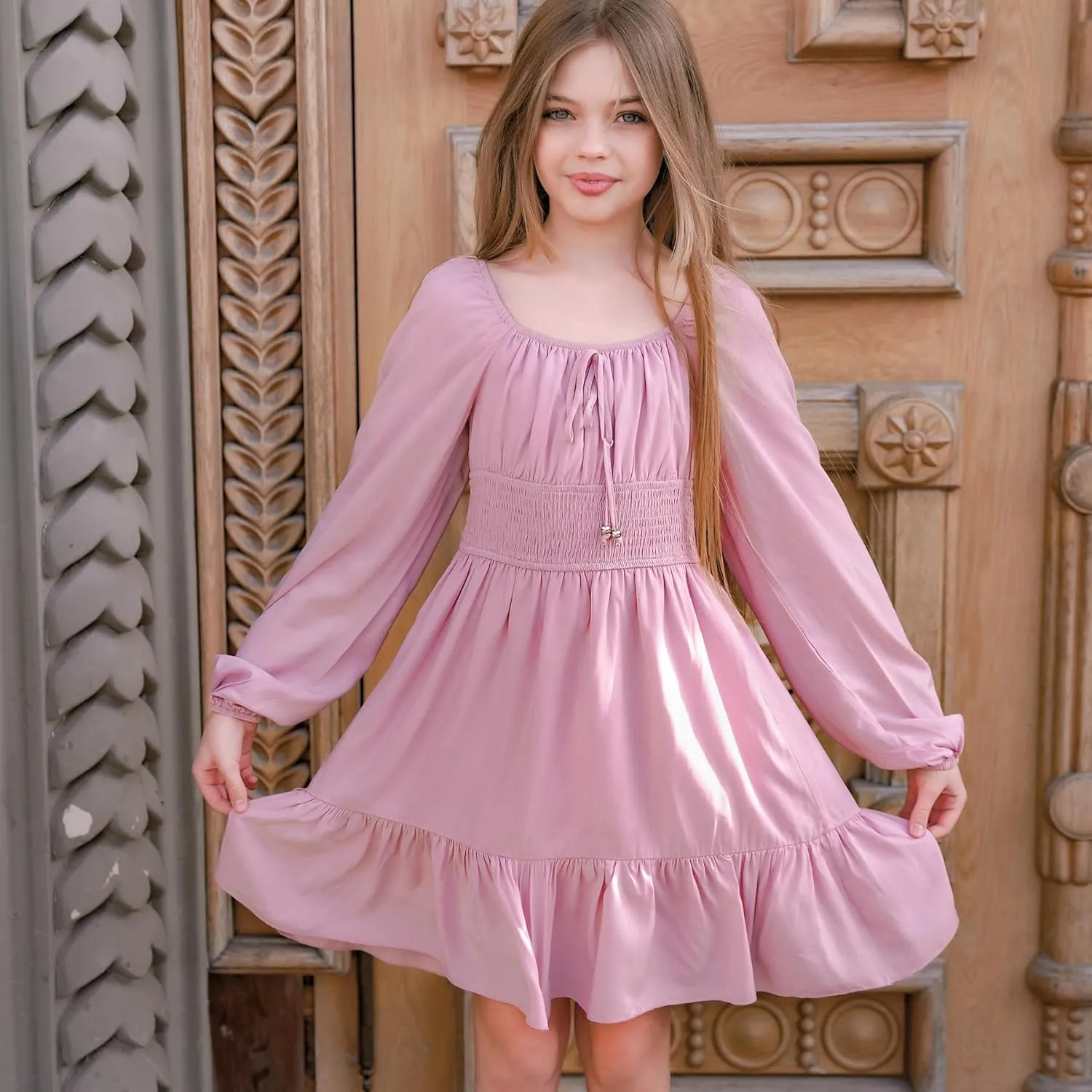 Simplee kids Girls Ruffle Tiered Smocked Puff Long Sleeve Dress Pink Size 4 to Size 15