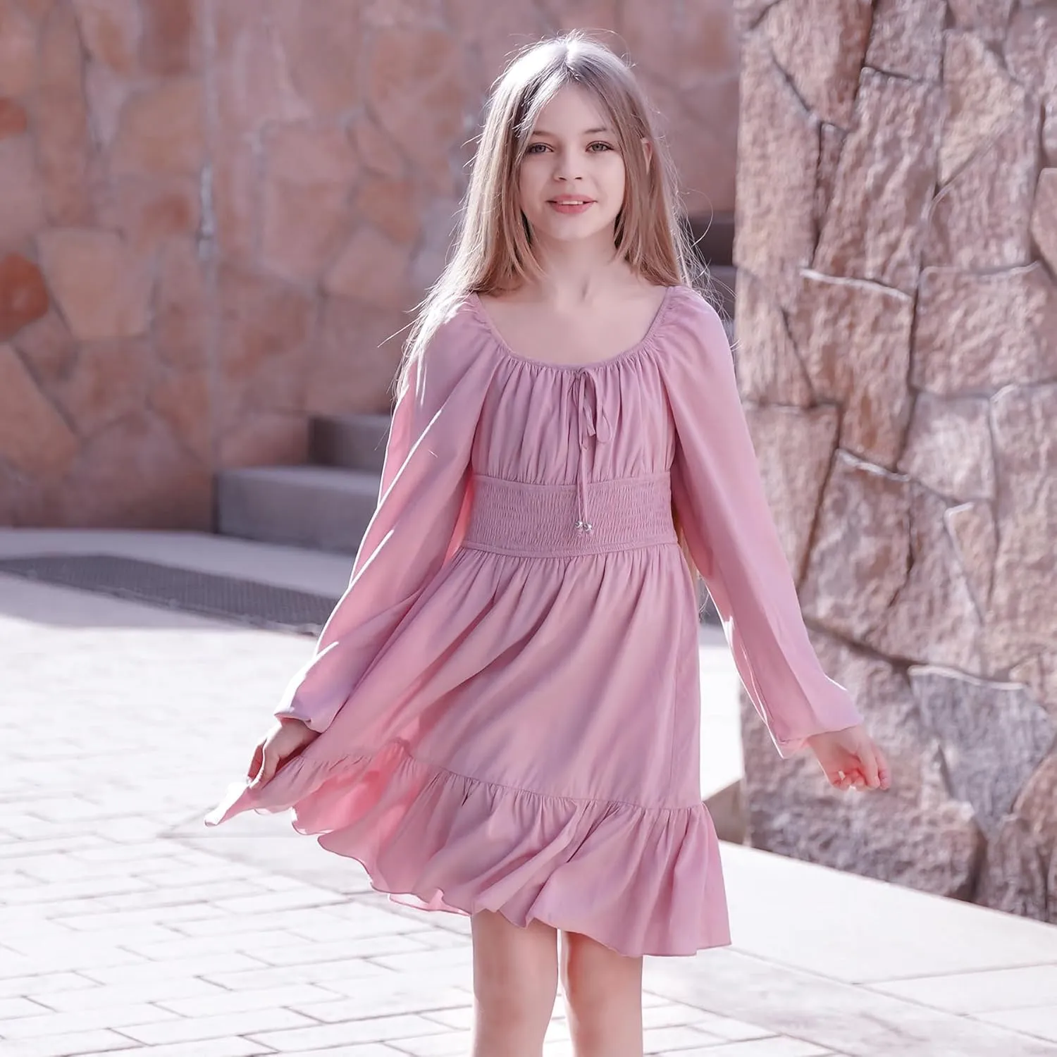 Simplee kids Girls Ruffle Tiered Smocked Puff Long Sleeve Dress Pink Size 4 to Size 15