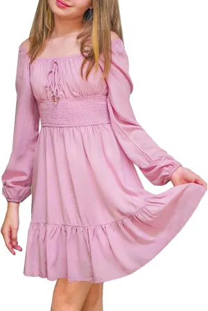 Simplee kids Girls Ruffle Tiered Smocked Puff Long Sleeve Dress Pink Size 4 to Size 15