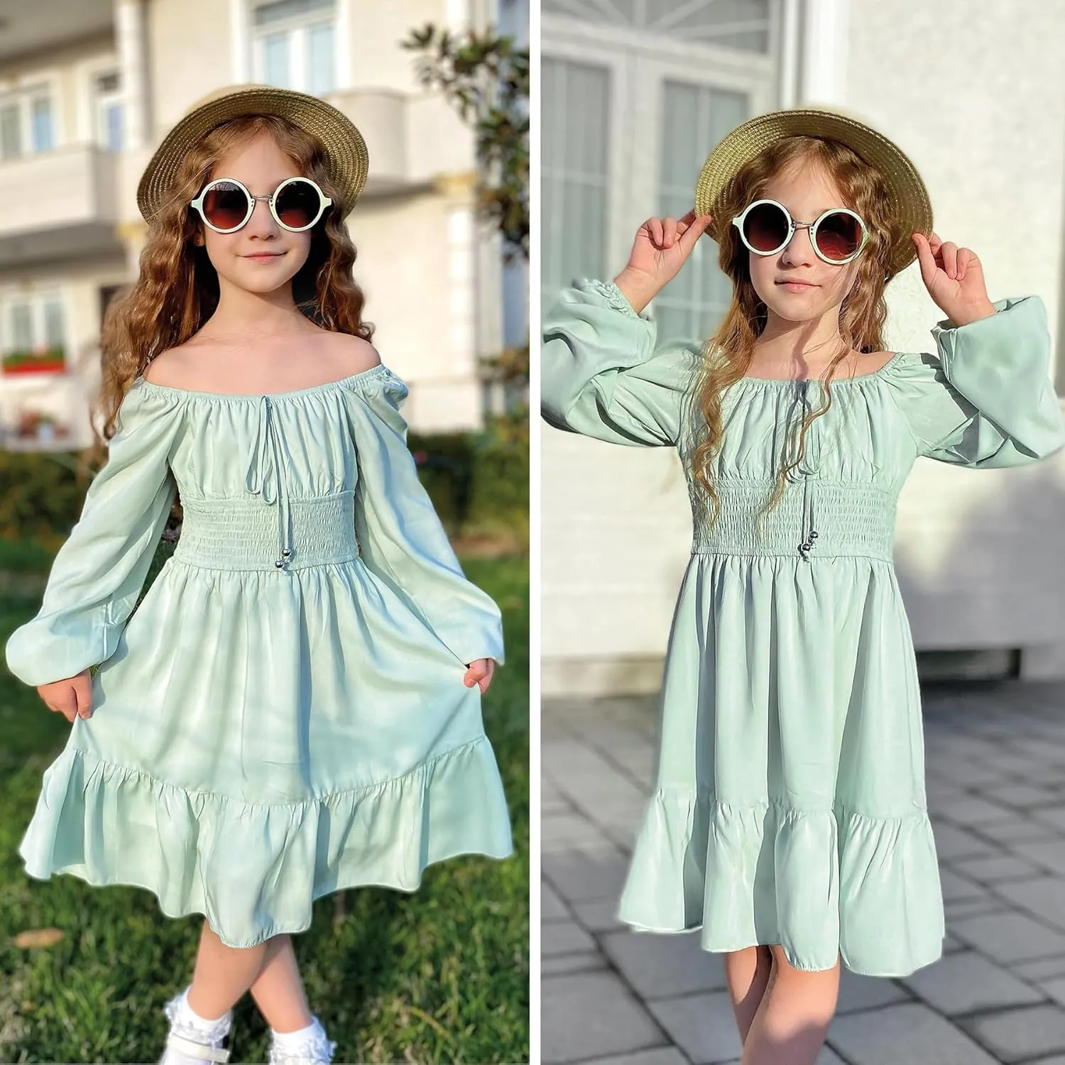 Simplee kids Girls Ruffle Tiered Smocked Puff Long Sleeve Dress White Size 4 to Size 15