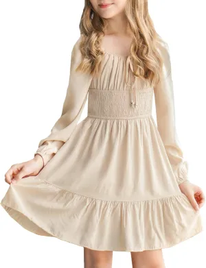 Simplee kids Girls Ruffle Tiered Smocked Puff Long Sleeve Dress White Size 4 to Size 15