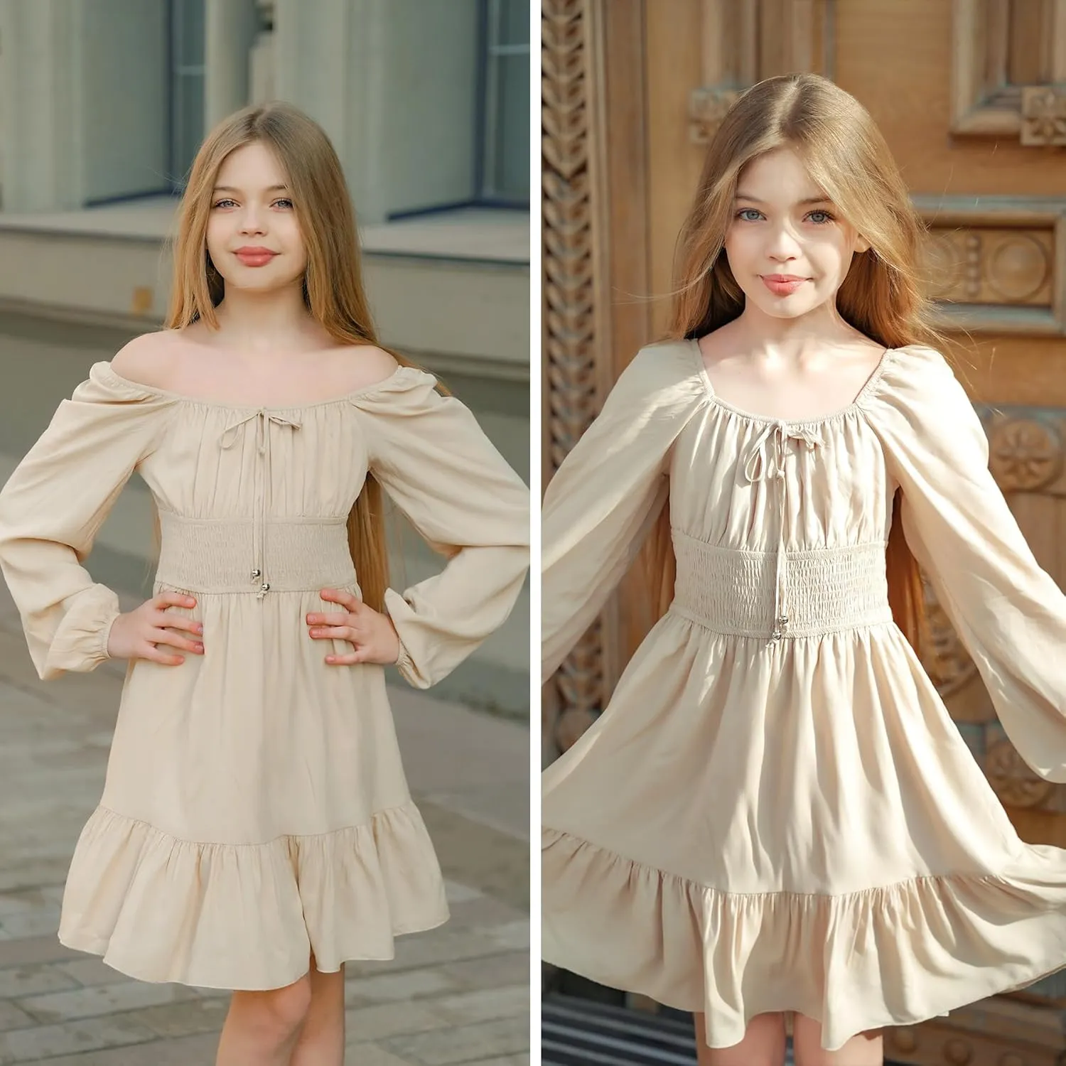 Simplee kids Girls Ruffle Tiered Smocked Puff Long Sleeve Dress White Size 4 to Size 15