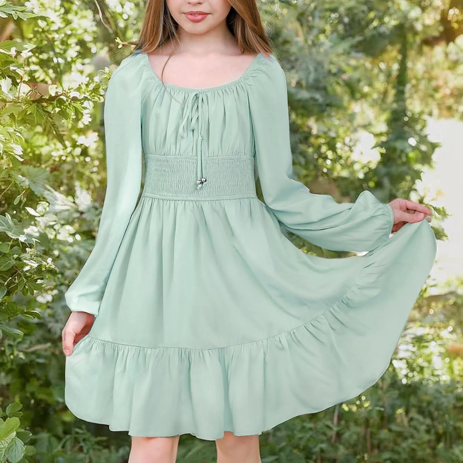 Simplee kids Girls Ruffle Tiered Smocked Puff Long Sleeve Dress White Size 4 to Size 15