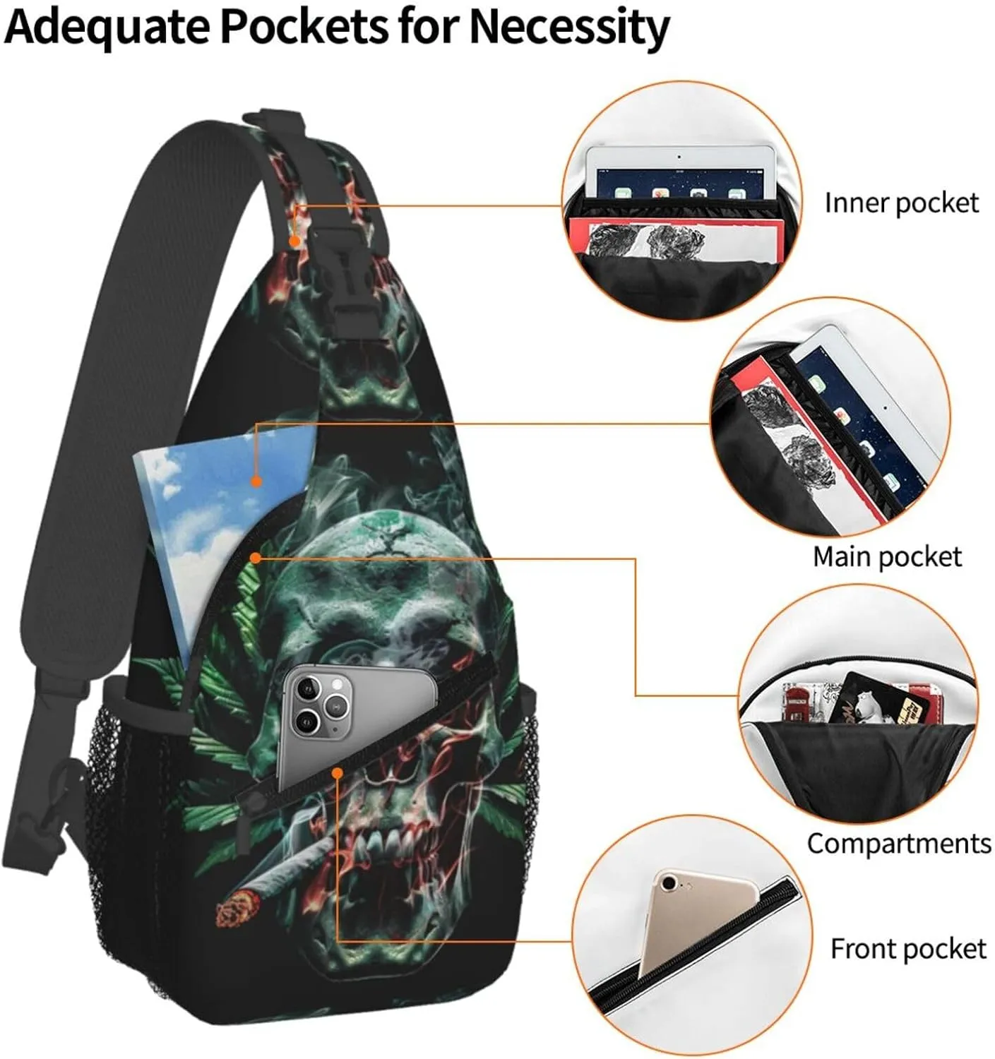 Skull And Leaf Outdoor Crossbody Shoulder Bag For Unisex Young Adult Hiking Bicycling
