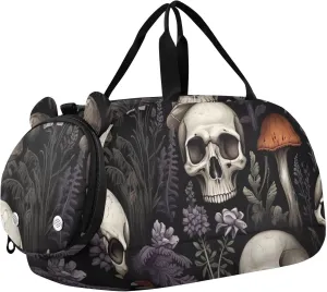 Skull and Mushrooms Duffle Bag for Girl, Sports Duffle Gym Bags with Shoe Compartment, Personalized Overnight Bag Travel Weekender for Kids
