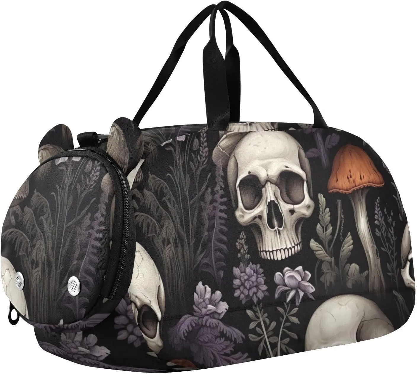 Skull and Mushrooms Duffle Bag for Girl, Sports Duffle Gym Bags with Shoe Compartment, Personalized Overnight Bag Travel Weekender for Kids