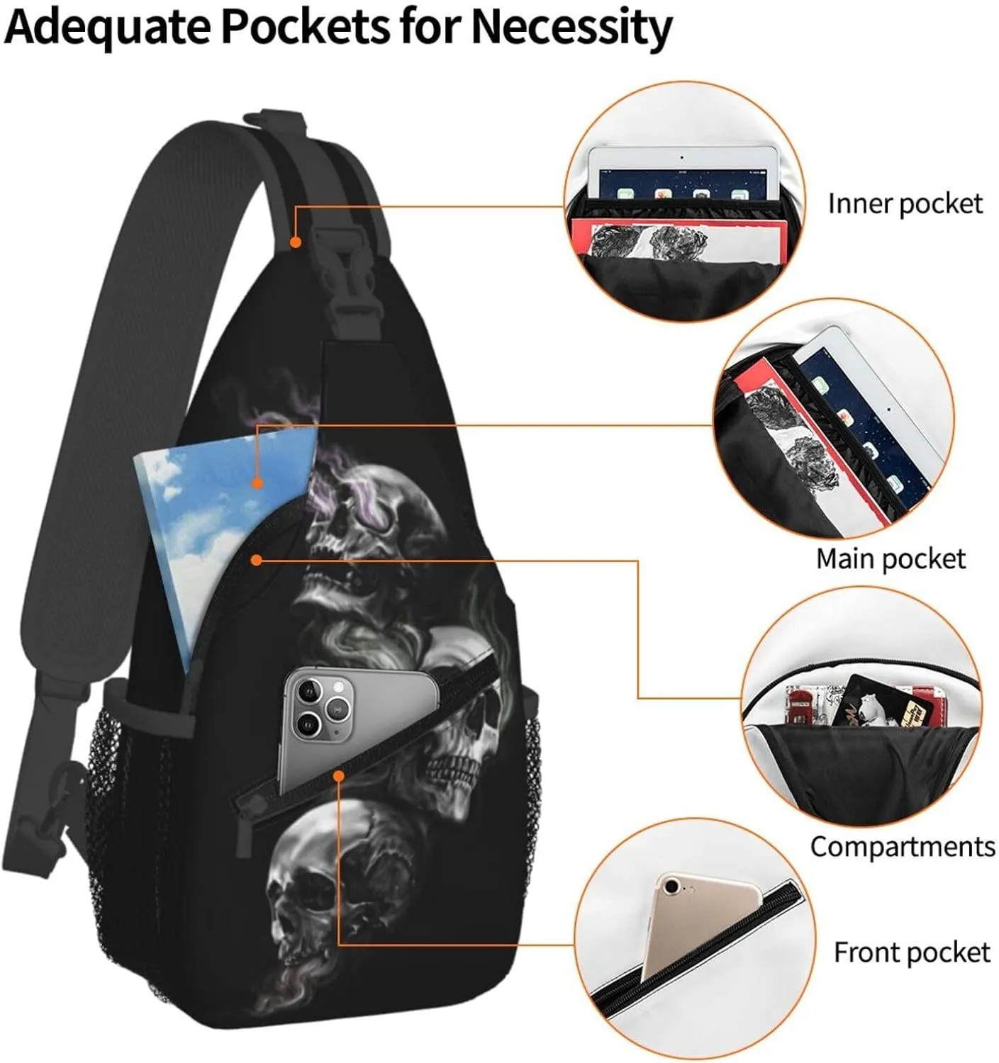 Skull Crossbody Bag Men Shoulder Bag Backpack Cool Sling Bag Chest Casual Daypack Bag