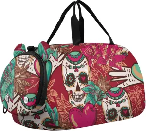 Skull Hearts and Flowers Background Gym Travel Duffel Bag with Shoe Compartment for Boys Girls - Gymnastics Sports Dance Football Travel Bag Teens Weekender Sleepover
