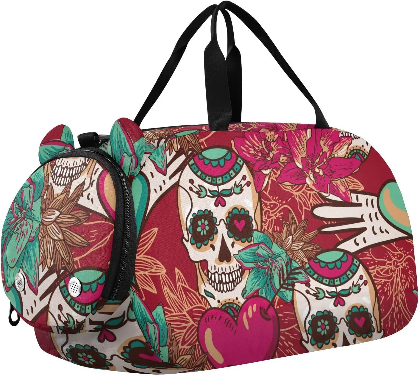 Skull Hearts and Flowers Background Gym Travel Duffel Bag with Shoe Compartment for Boys Girls - Gymnastics Sports Dance Football Travel Bag Teens Weekender Sleepover