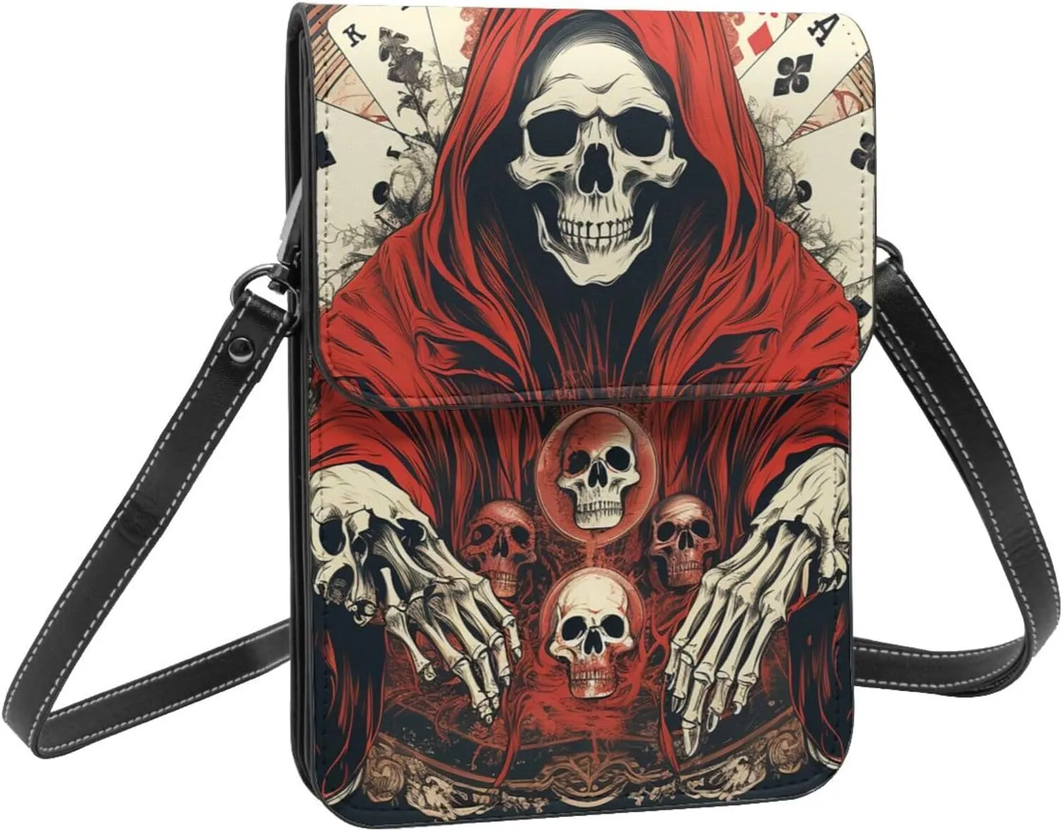 Skull mystery playing card death red crossbody cell phone purse for womens lightweight small soft leather fashion travel wallet with adjustable strap
