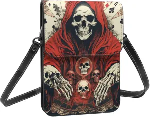 Skull mystery playing card death red crossbody cell phone purse for womens lightweight small soft leather fashion travel wallet with adjustable strap