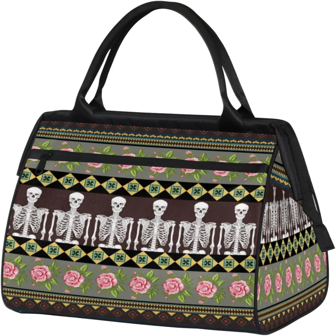 Skull Ornamental Pattern Weekender Bags for Women 25L Small Travel Duffel Bag Teen Girl Skull Rose Overnight Tote Bags Ladies Gym Duffle Carry On Bag
