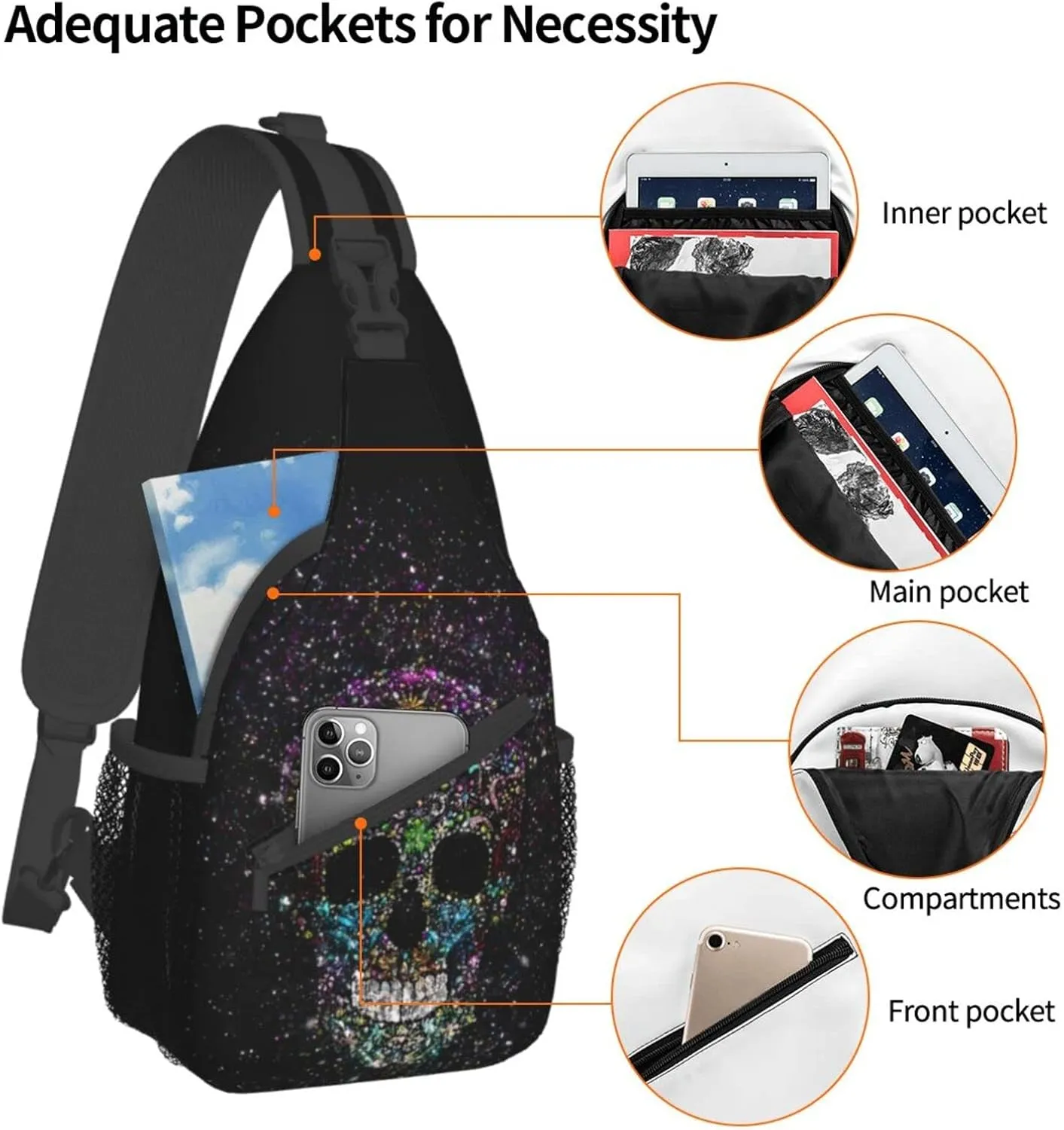Skull Sling Bag for Women Men, Funny Crossbody Sling Backpack Shoulder Bag Chest Bag for Travel Hiking
