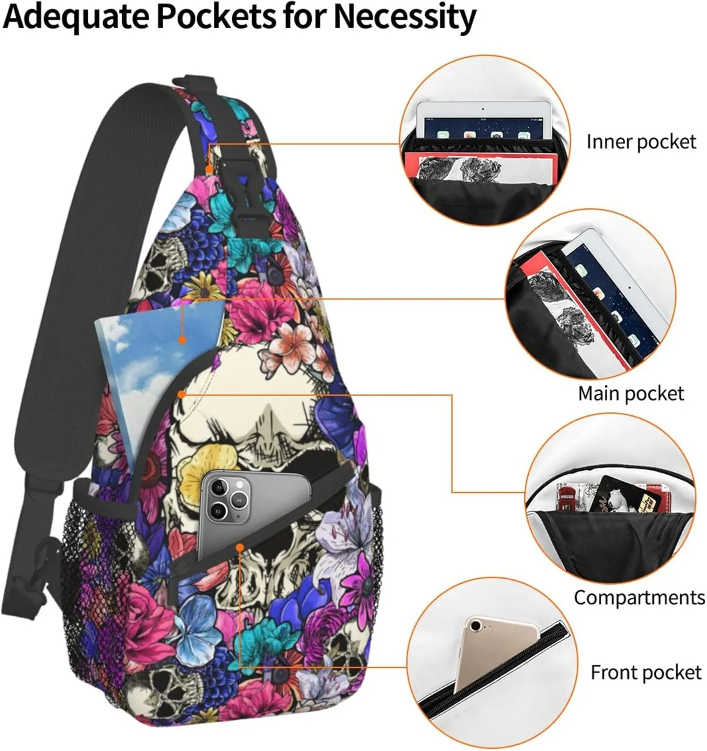 Skull Sling Bag,Victorian Gothic Sling Backpack Black Crossbody Bag Men Casual Shoulder Daypack for Women Men Lightweight Travel Hiking Gym