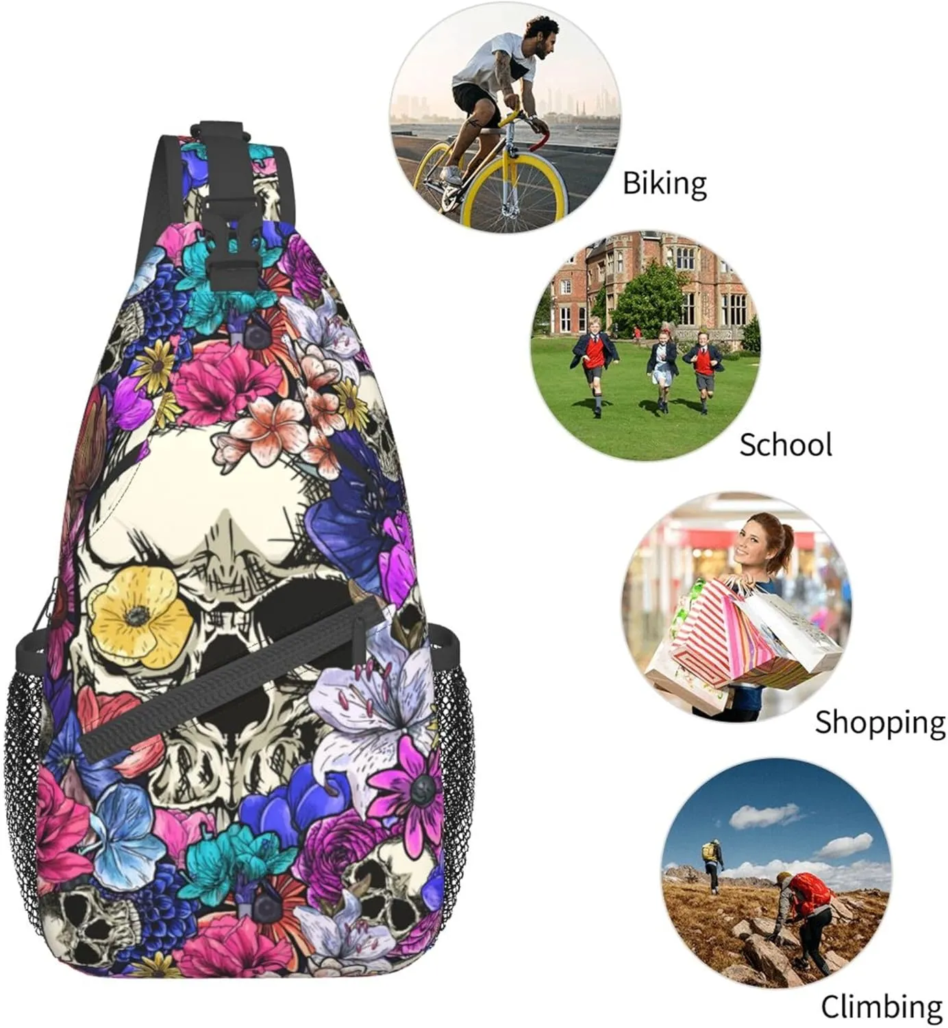 Skull Sling Bag,Victorian Gothic Sling Backpack Black Crossbody Bag Men Casual Shoulder Daypack for Women Men Lightweight Travel Hiking Gym