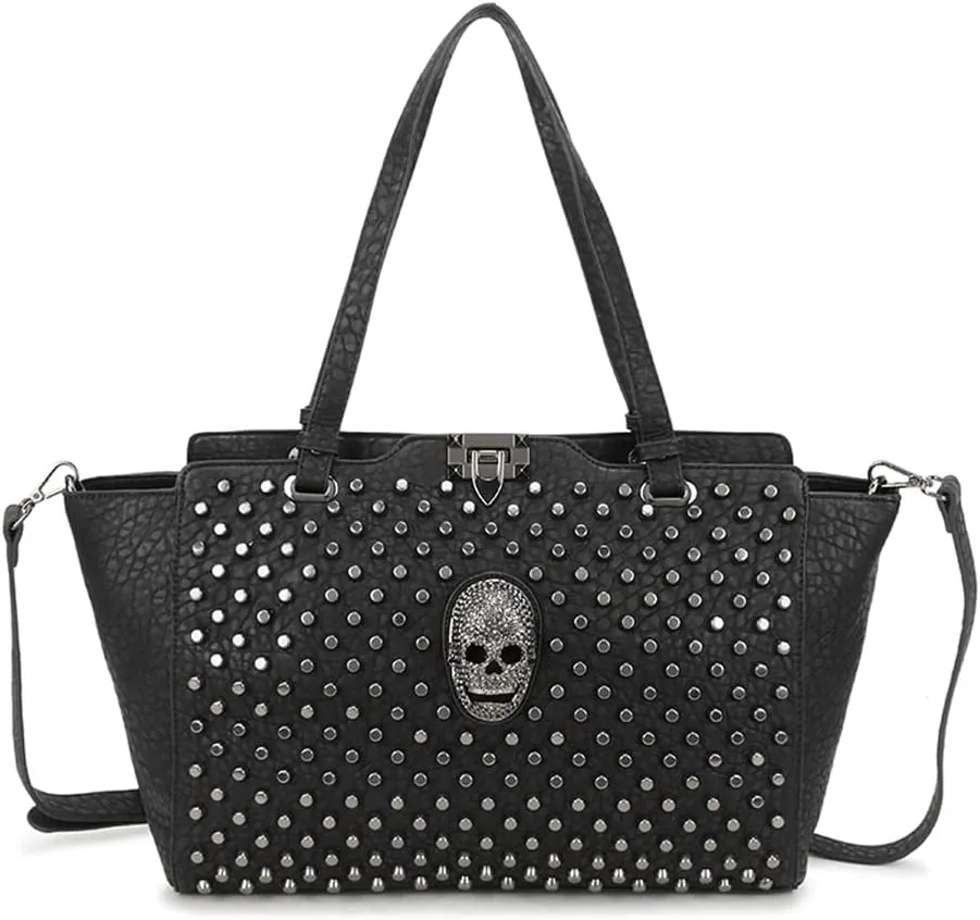 Skull Top-handle Shoulder Bag Rivet Studded Handbag PU Leather Purse Punk Black Crossbody Bag