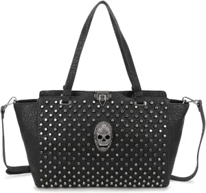 Skull Top-handle Shoulder Bag Rivet Studded Handbag PU Leather Purse Punk Black Crossbody Bag