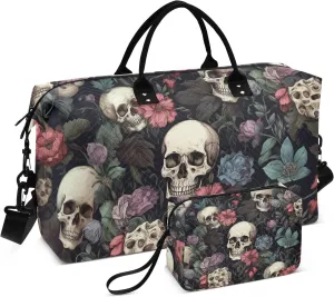 Skull Travel Duffle Bag Gym Bag, Skull Color Flower Weekender Bags for Women with Toiletry Bag Travel Tote Bag Swim Bag
